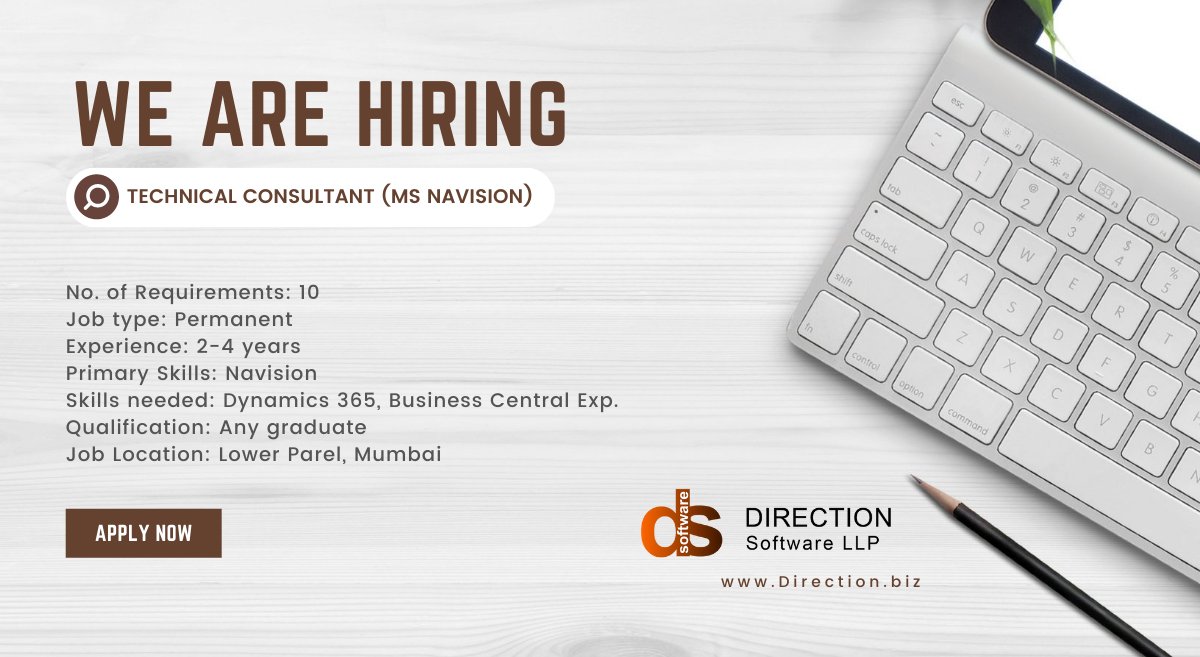 directionswsoln's tweet photo. @directionswsoln is hiring for the post of Technical Consultant (MS Navision). If interested then please email us your resume at hr@direction.biz or check out our website!
https://t.co/n2BT7DURbh
#DirectionSoftware #JobOpening #Mumbai #hiring #software #MicrosoftNAV https://t.co/mhpvyumLwU