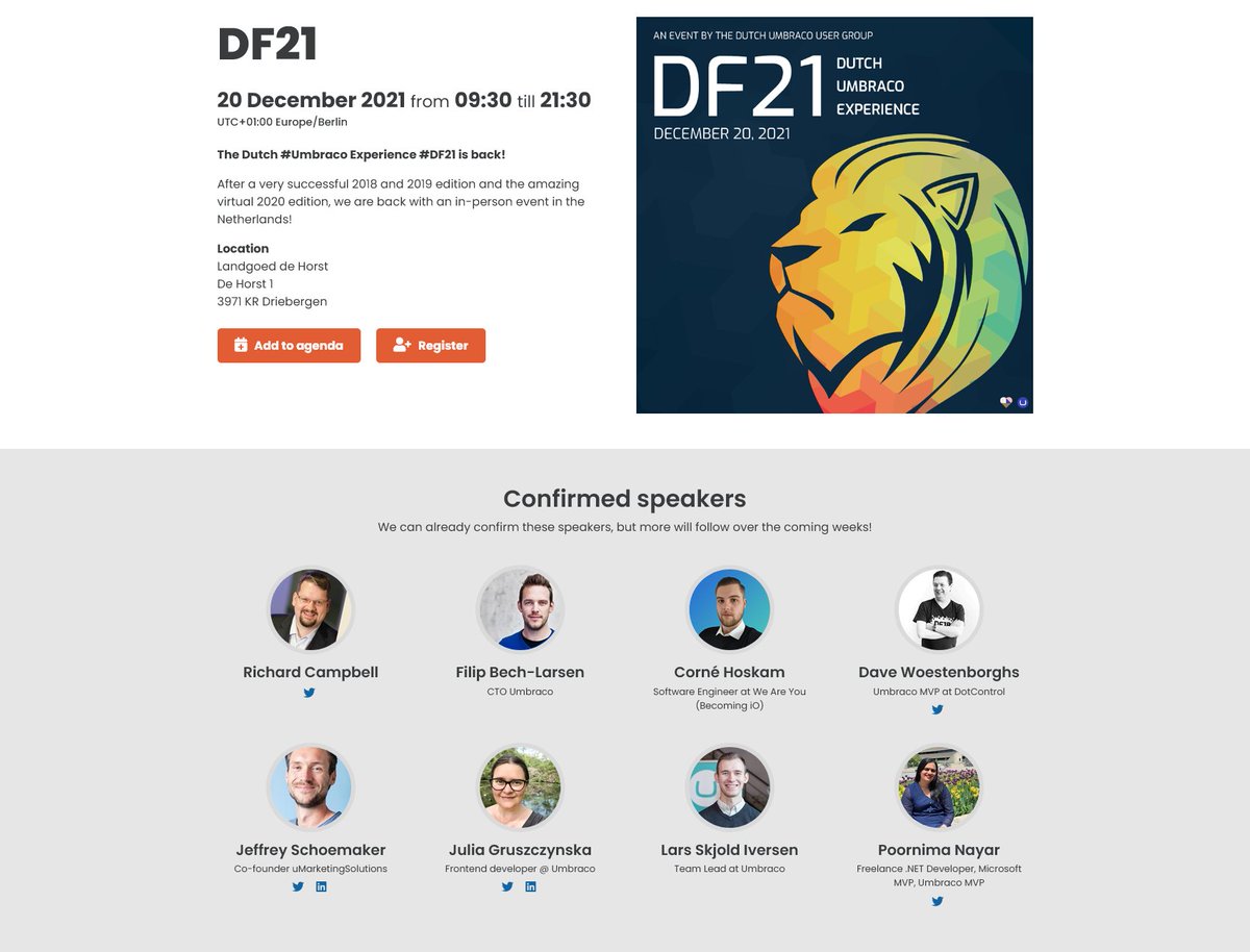 CorneHoskam's tweet photo. Just confirmed: I will be speaking at this years Dutch Umbraco User Group event, DF21, talking about an Introduction to Blazor &amp; Umbraco 9! Will I see you there? 😄

#umbraco #meetup #df21 #duug https://t.co/DSxIqrSDky