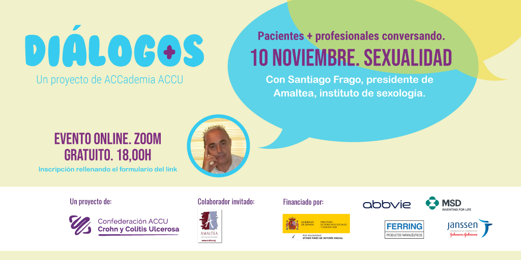 Volvemos a tener nuestras charlas de profesionales con pacientes en nuestro proyecto DIÁLOGOS. La semana que viene venimos con un tema muy interesante: Sexualidad y EII. 
Inscríbete aquí: 
docs.google.com/forms/d/1j9LyB…

#accuespa #sexualidadyeii #colitisulcerosa #Eii