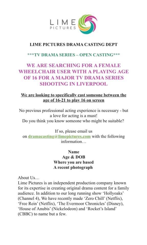 ChalkCheeseee's tweet photo. @LimePictures open casting for a female wheelchair user with a playing age of 16 #opencasting https://t.co/b3owWjodsi