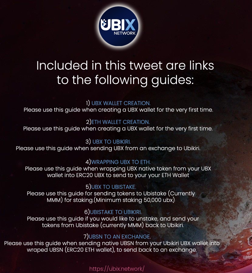UBIX_Network's tweet photo. Hi UBIX Community! Please find below the latest guides to help users navigate the UBIX Ecosystem.

$UBSN
$UBX

https://t.co/hlN3xKg88e
https://t.co/4kcAN7hthA
https://t.co/w16dWVDGrD
https://t.co/Tr39nwUteQ
https://t.co/sIrTHyN2AW
https://t.co/wFCCQ5SGWB
https://t.co/Z2wdLfCIV7 https://t.co/aAaoVDOV3v