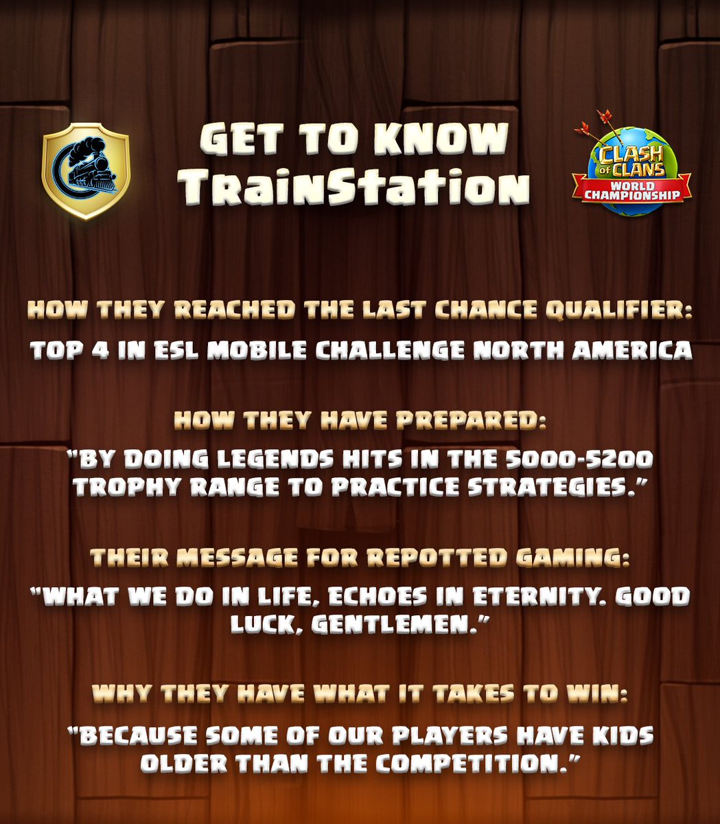 Clash of Clans Esports (@cocesports) on Twitter photo 4 teams reached the Last Chance Qualifier through community tournaments, including <a href="/TrainStationCoC/">TrainStation Gaming</a> from <a href="/ESLClashofClans/">ESL Clash of Clans</a> NA!
Get to know this Wildcard squad before they attempt to punch their ticket to the World Championship Finals! ๐๐๏ธ
#ClashWorlds | #ClashEsports 4 teams reached the Last Chance Qualifier through community tournaments, including <a href="/TrainStationCoC/">TrainStation Gaming</a> from <a href="/ESLClashofClans/">ESL Clash of Clans</a> NA!
Get to know this Wildcard squad before they attempt to punch their ticket to the World Championship Finals! ๐๐๏ธ
#ClashWorlds | #ClashEsports