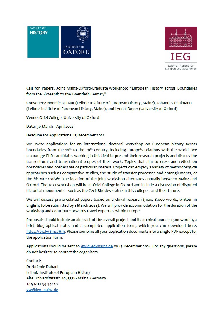 Noemie_Duhaut's tweet photo. CfP: 2022 Mainz Oxford Graduate Workshop: European History across Boundaries, 16th-20th c. Consider applying and/or sharing widely with your networks! @paulmann_ieg 
https://t.co/wBb3rkFkSP https://t.co/MzuCStNjk9