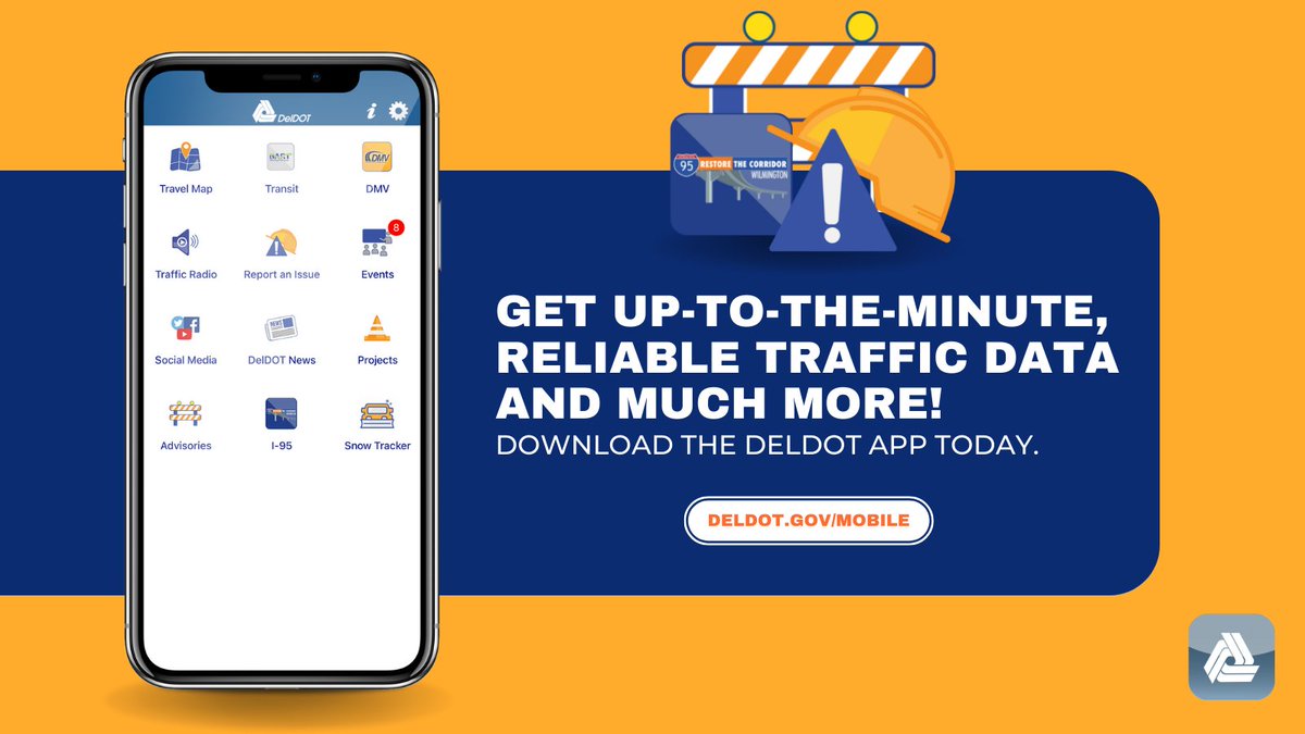 DelawareDOT's tweet photo. Have your most convenient commute. Download the #DelDOTApp for reliable traffic information, advisories, live camera feed, DMV sample tests, road condition reporting and much more! See all the great features we offer and download the app today: https://t.co/rki4LrT0Ou 📲🚙 https://t.co/YX5N5Gk7U0