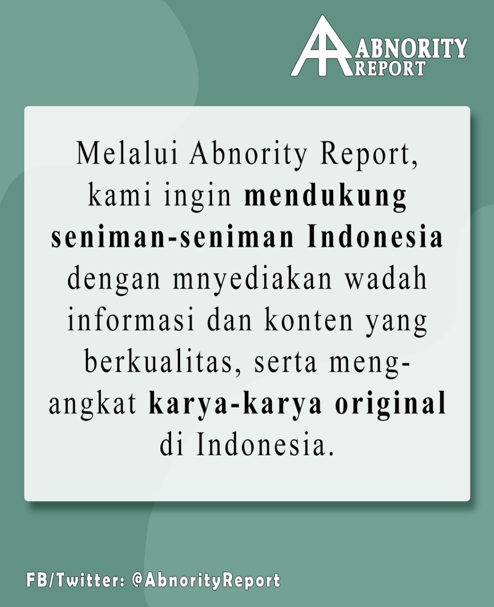 abnorityreport's tweet photo. Big news!

Dengan senang hati, kami memperkenalkan Abnority Report, yang akan menjadi media informasi online untuk berbagai jenis karya di Indonesia. https://t.co/PLTgv9UlwO