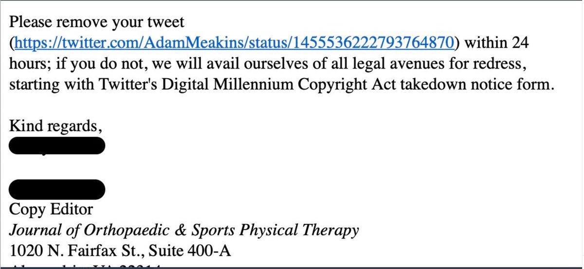 GregLehman's tweet photo. Dear @JOSPT can you please let me know what was illegal about this tweet?  As a subscription holder and someone who regularly shares your papers and screenshots for professional discourse I would love to make sure I'm doing it appropriately https://t.co/ePex0O32cU