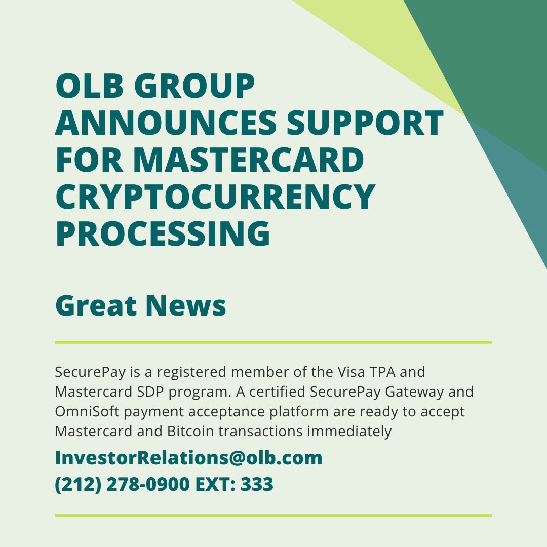 olbgroup's tweet photo. OLB Group Announces Support for Mastercard Cryptocurrency Processing https://t.co/Bh8FzMny3X