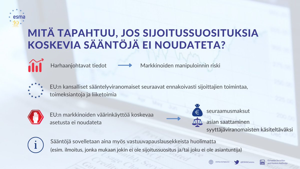FIN_FSA's tweet photo. ⚠️ Jos sijoitussuosituksessa levitetty informaatio rahoitusvälineistä tai listatuista yhtiöistä on virheellistä tai harhaanjohtavaa, sitä voidaan pitää markkinoiden väärinkäyttönä, joka on haitallista sijoittajille ja laitonta. #ESMAprotects
https://t.co/41frCiFQQo https://t.co/YVYpgVpGJA
