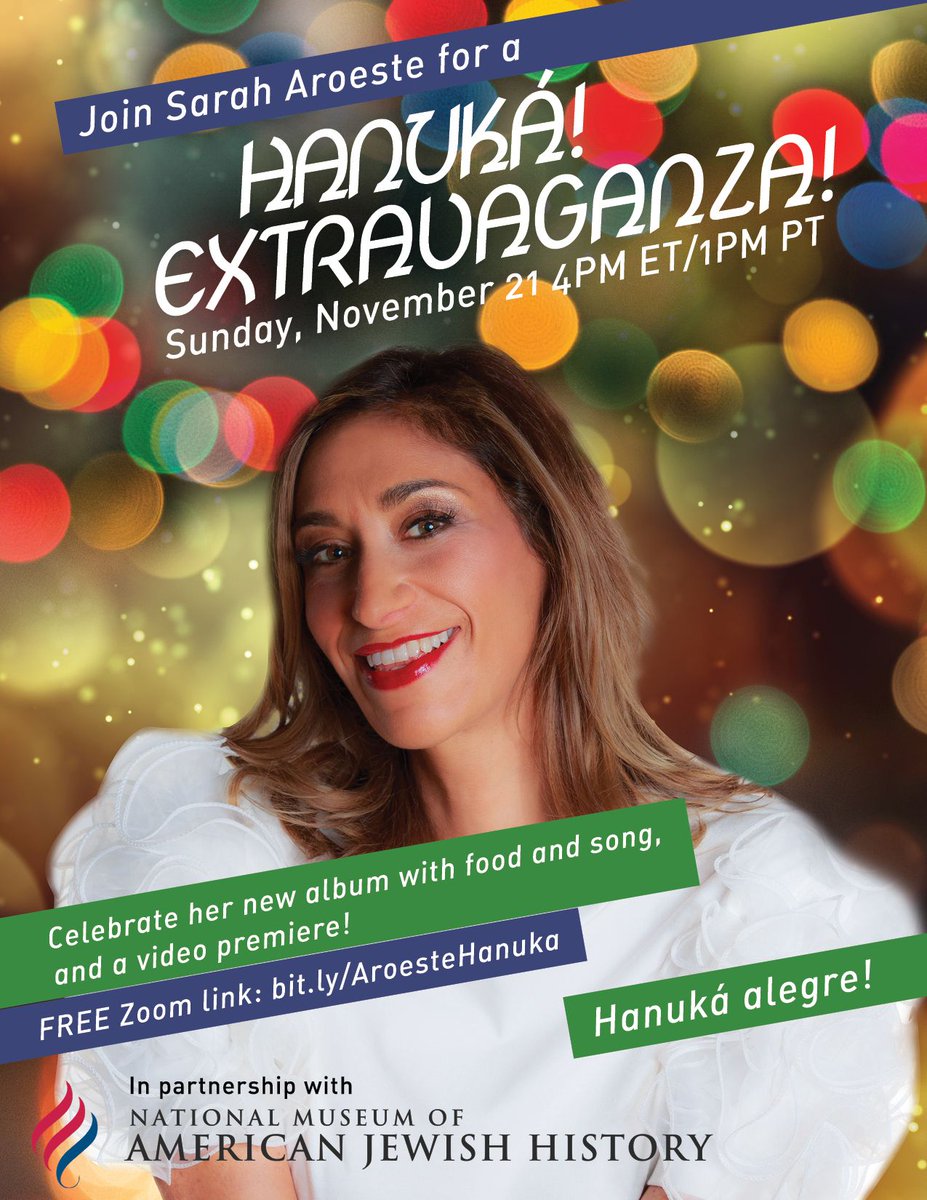 SarahAroeste's tweet image. Oh yes I am. I'm hosting a virtual Hanuká Extravaganza!  Gather up on 11/21 to get ready for a Hanuká alegre! There will be live music, a #Ladino sing-along, a video premiere...and a bimuelo demo &amp;amp; cook-off! (Recipe/song-sheets will be sent ahead.) FREE!  bit.ly/AroesteHanuka