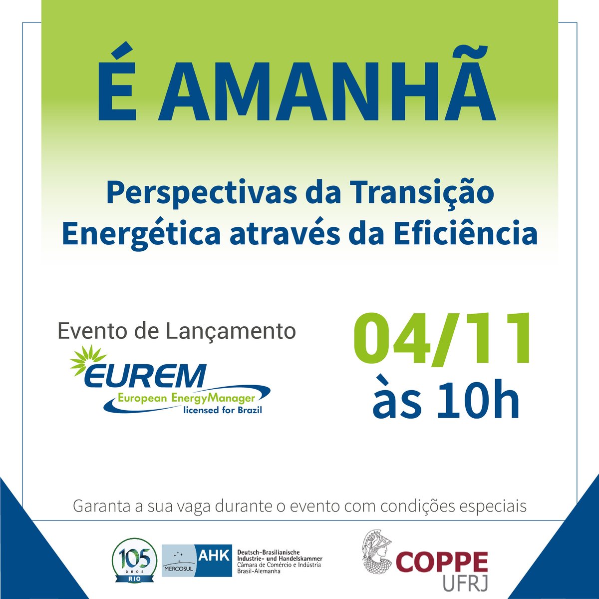 É AMANHÃ! 

Nosso encontro, que está marcado para amanhã às 10h, é gratuito e promete vantagens incríveis e condições especiais para seus participantes.

O link para inscrição: lnkd.in/eprPukJ4  

#transiçãoenergética #carreira #educação #mercadoenergético