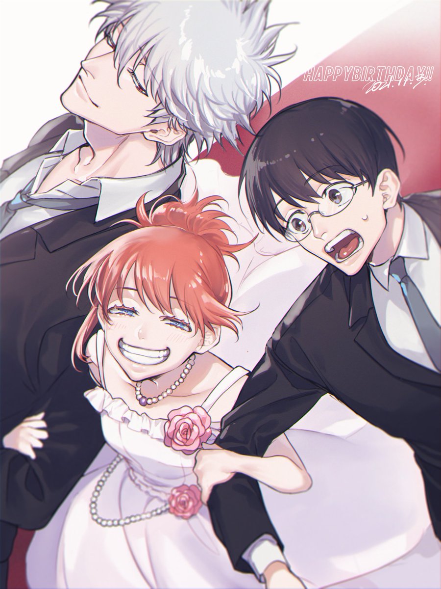 kagura (gintama) ,sakata gintoki 1girl multiple boys 2boys dress necktie locked arms black hair  illustration images