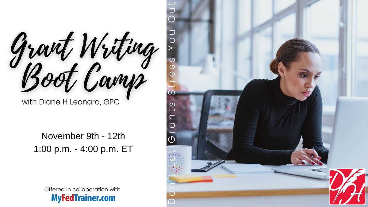 dhlconsult's tweet photo. Is your grant writing in shape? Diane is ready to take your proposal to the next level and help you secure that grant! Join us for our grant writing boot camp and secure more funding than ever before. 
November 9th - 12th, 1-4 pm ET 👉https://t.co/aGO2ZLuHdS

#GrantWriting https://t.co/oycAweITrz