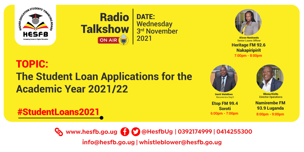HESFSUG's tweet photo. HESFB Radio Talk shows 📻📻📻📻📻📻📻

We are still in the #KaramojaRegion while our teams visit #EtopRadio 99.4FM in the #TesoRegion and @Namirembefm939 in Kampala. 

Tune for information on #StudentLoans2021. 

To apply visit https://t.co/0TCGriz44G and #ApplyNow 

@kiuvarsity https://t.co/FZfYRIpeqE