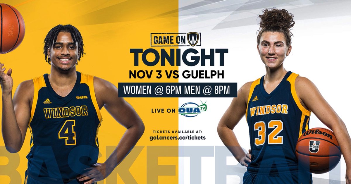 WindsorLancers's tweet photo. GAME DAY ALERTโผ๏ธย Tonight Lancer Basketball opens the 2021-22 season at home against the Guelph Gryphons!
โข
The women tip-off at 6pm followed by the men at 8pm! Doors open at 5pm, so arrive early to beat the line & donโt forget your proof of vaccination & your #LancerSpirit!๐๐ https://t.co/WKCPAT1jQV