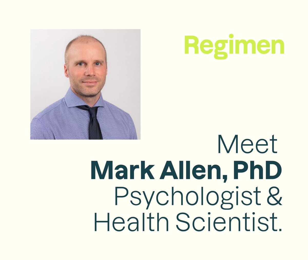 joinregimen's tweet photo. Today, we'd like to introduce @DrMarkAllen0, whose research and health expertise have shaped the Regimen program's approach to mental health and lifestyle modification. Head to our Facebook and Instagram to learn more about his important work! #RegimenIntroductions https://t.co/HTVFAJPHdb