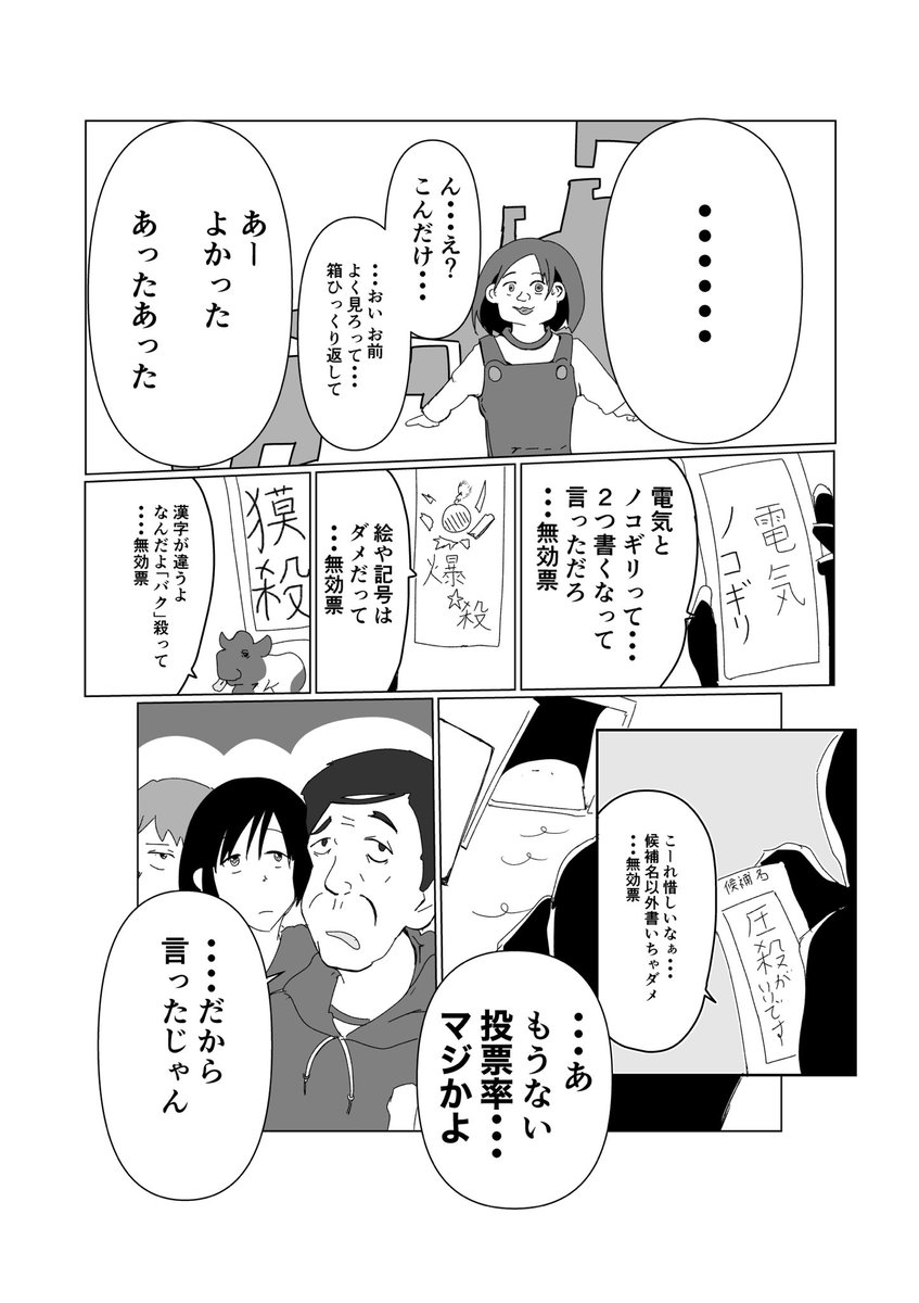 「まさかの理由でデスゲーム全員生存」(1/2)

投票率まだ低いよね、と思ったので

#創作マンガ
#漫画が読めるハッシュタグ 