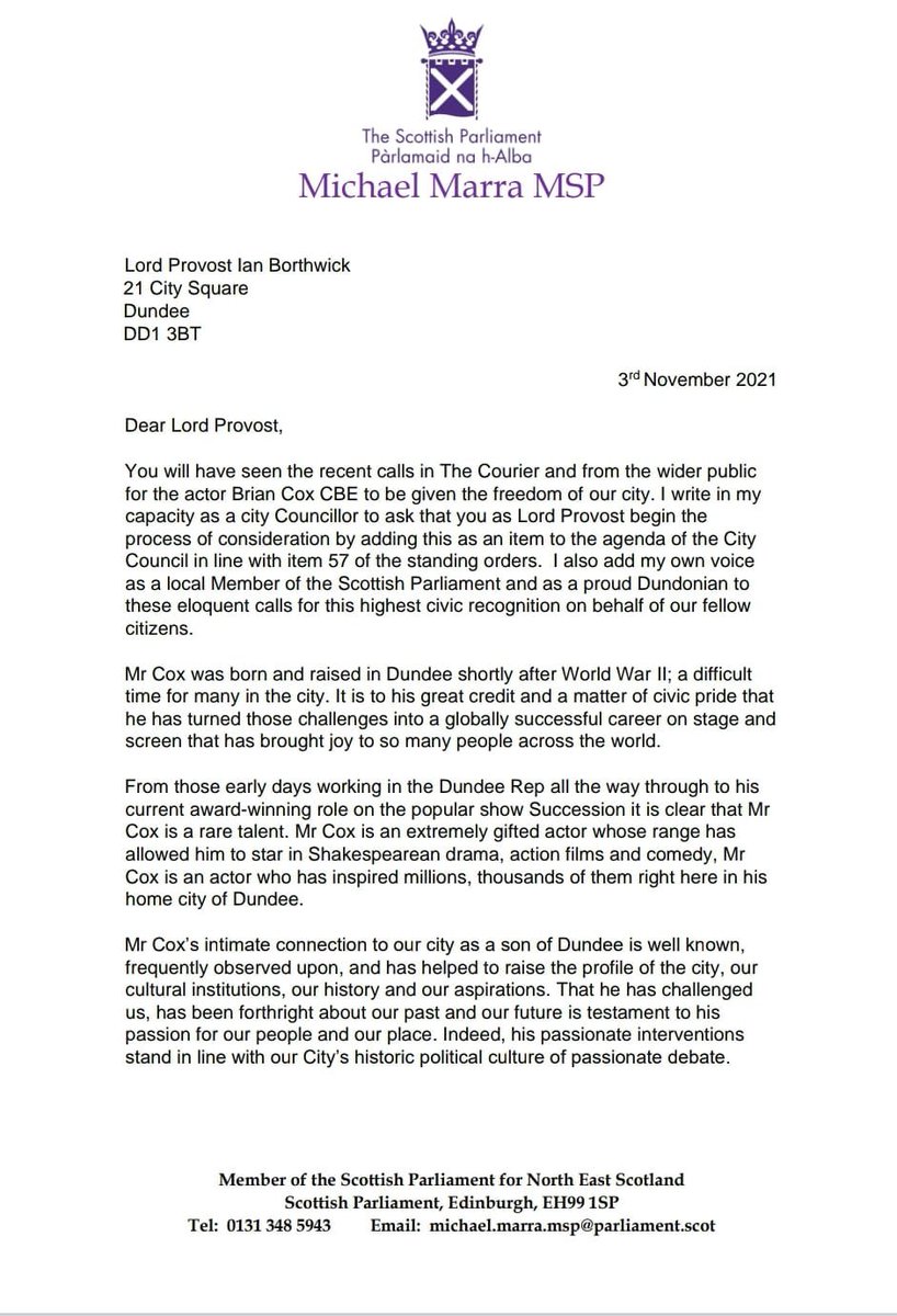 michaeljmarra's tweet photo. I have today written to the Lord Provost of Dundee to place an item on the City Council agenda for Brian Cox CBE to be awarded the freedom of the city of Dundee. https://t.co/e8j8fGBsGK