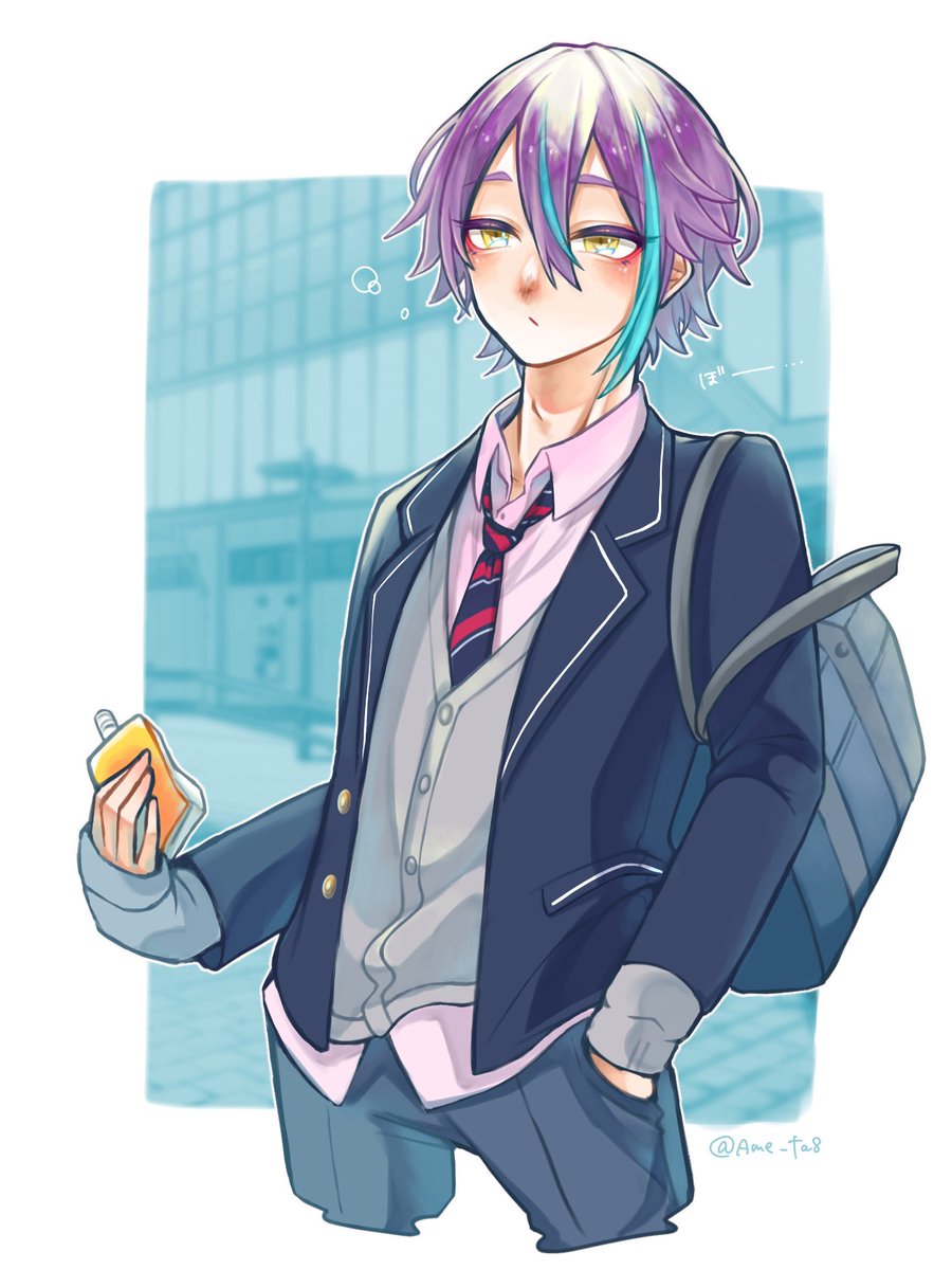 1boy male focus school uniform necktie hand in pocket yellow eyes solo  illustration images