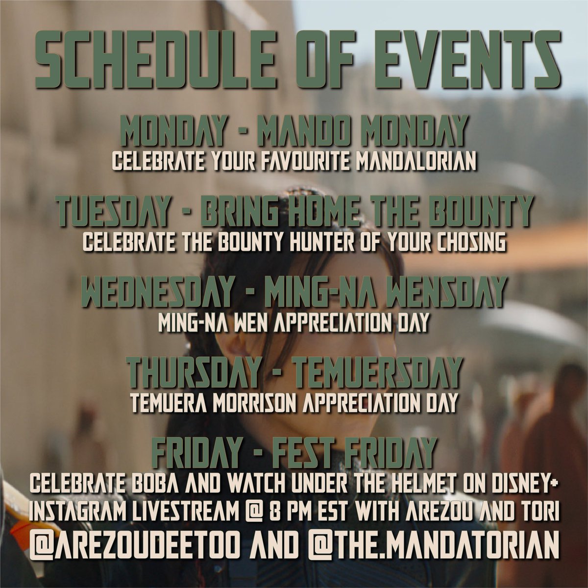 Boba_Fest's tweet photo. .@ArezouAmin and @theMandaTorian present the schedule of events for #BobaFest2021, happening November 8th-12th! Join us in celebrating Boba with themed days, the Disney+ Under the Helmet special, and a livestream at the end of the week! Hashtag #BobaFest2021 to join the fun! https://t.co/t6sVdLEHAs