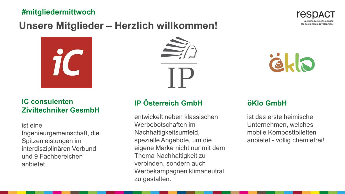 #mitgliedermittwoch
Wir heißen in der Community von respACT herzlich willkommen: <a href="/iC/">clive boulton</a> consulten Ziviltechniker GmvH | <a href="/IP/">vic</a> Österreich GmbH und @öklo.  Gemeinsam in Bewegung für eine nachhaltige Wirtschaft!
Alle CSR-Profile hier: respact.at/site/de/mitgli…
#RESPonsibleACTion