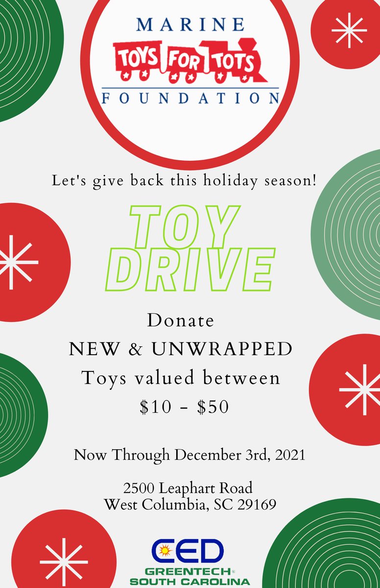 Greentech_SC's tweet photo. Tis The Season for Giving Back!
CED Greentech SC is officially a Marine Toys for Tots Foundation Drop Box location! We are accepting new and unwrapped toys! #ToysForTots #GreentechGivesBack #SC
No clothing, shoes, realistic looking weapons, used toys or food will be accepted. https://t.co/nc703do96G