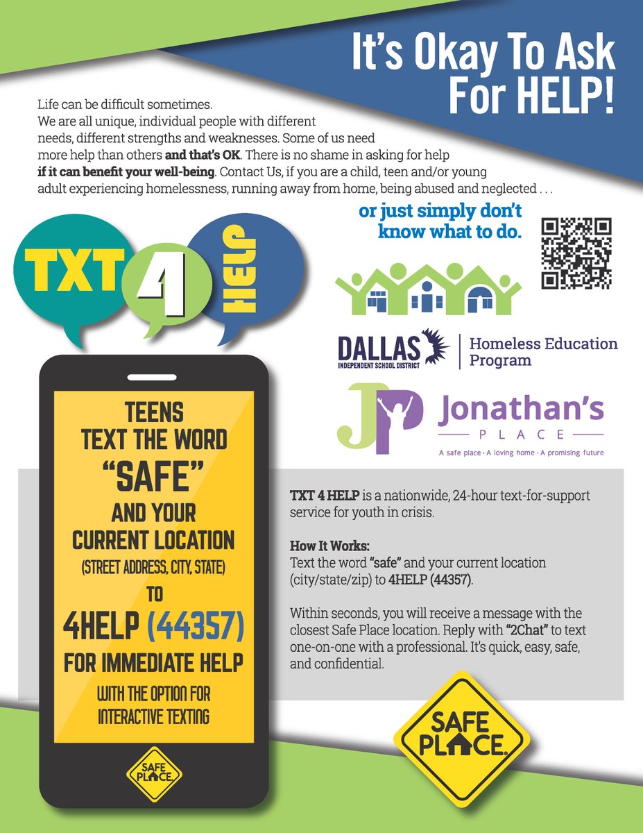 DallasISDHEP's tweet photo. #homelessyouthawarenessmonth #november #homelessyouth If you or a friend needs a place to stay please #textsafe to @JonathansPlace @QuikTrip has our flyers and information too. #itsokaytoaskforhelp https://t.co/xHaSjvIpFt