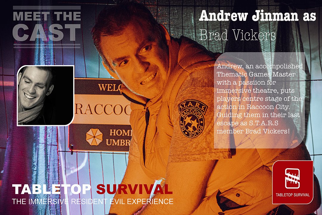 MEET OUR CAST- Andrew Jinman will be joining Tabletop Survival as Brad Vickers, our friendly S.T.A.R.S Games Master in our immersive Resident Evil tabletop experience " Escape Raccoon City|"  buff.ly/3mFIB1h  #tabletopgames #ZOMBIE #immersive #ResidentEvil #REBHFun