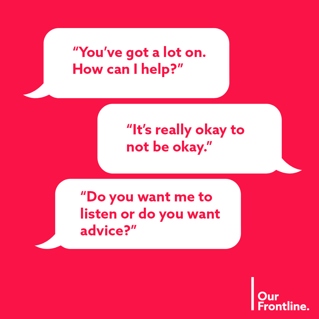 OurFrontlineUK's tweet photo. We asked you what comforting words help you cope with stressful shifts, here's what you said.

This #StressAwarenessDay, let your colleagues know that it's okay to talk about the stress they're feeling. 

Emotional support available 24/7 for key workers at https://t.co/ZfgBwKXJVC https://t.co/l5adZWDND5