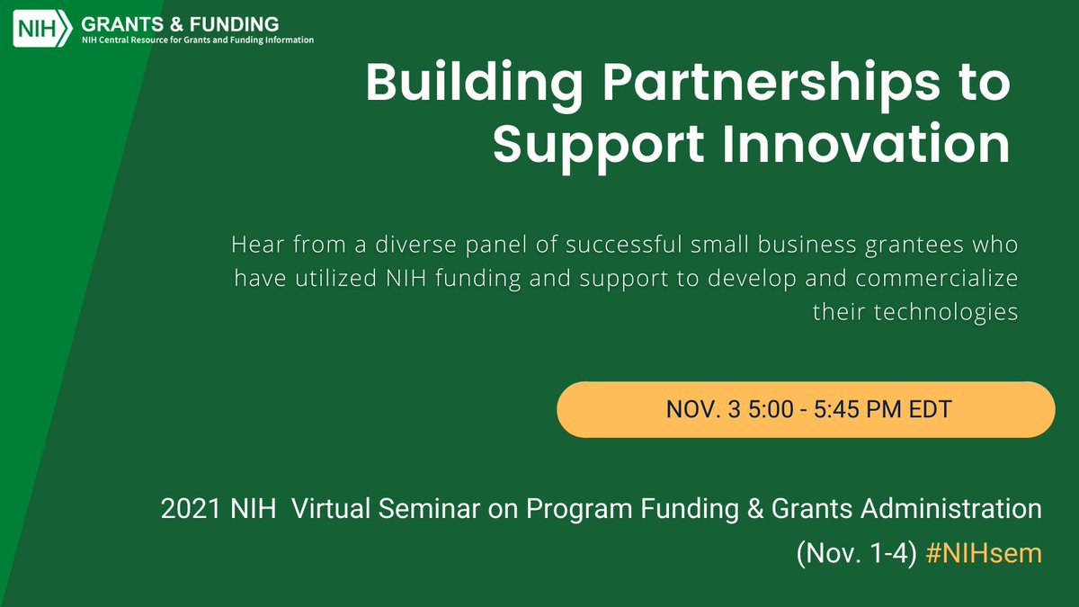 nihseed's tweet photo. Calling all innovators! Hear from panelists and their insights on transitioning from academia to small business funding, facilitating partnerships between academia and small business, and steps to build a strong foundation to ensure success TODAY at 5:00pm ET #NIHsem. https://t.co/rNIk2gOAAA