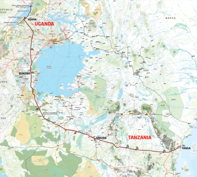 tpsftz's tweet photo. The selected route begins in #Kabaale – #Hoima, in #Uganda and extends south to the #Chongoleani Peninsula near #Tanga Port in #Tanzania. The pipeline route was selected by the Government of #Uganda as the least cost and most robust. https://t.co/dScgjRdTWw