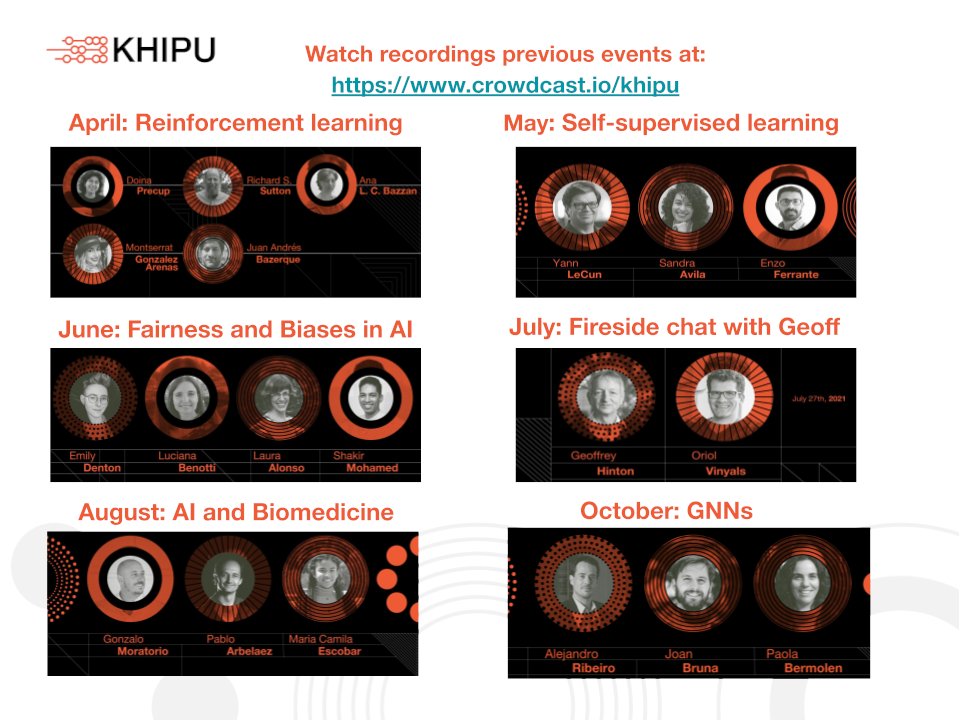 Did you miss any talk from the #khipu2021 Event Series in AI? You can watch the recordings on Crowdcast crowdcast.io/khipu or on our Youtube Channel. We also have the lectures from #khipu2019. Check out our playlists at khipu.ai/lectures-2019 and khipu.ai/events-2021
