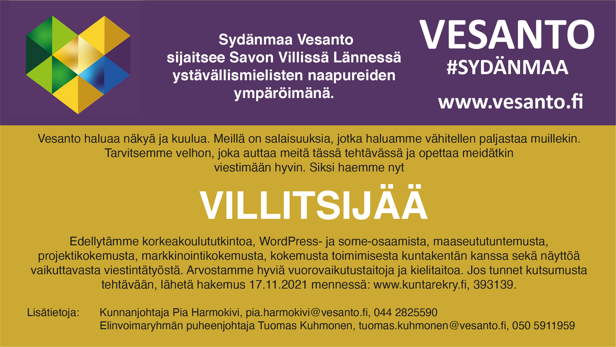 VesannonK's tweet photo. Vesannolla tarvitaan villitsijää... Oletko se sinä? #sydänmaa #vesanto #pienuusonvahvuus https://t.co/YO90VjRmKz