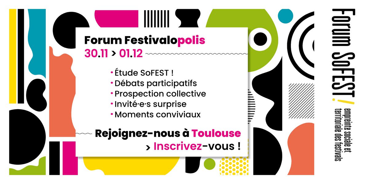 [ INSCRIPTION FORUM SoFEST ! ]
Encore quelques jours pour s’inscrire au Forum SoFEST ! 
En attendant, voici un premier aperçu du contenu de notre happening prospectif 👇
✏️bit.ly/3AYn8Vg
🧐bit.ly/2Zu0sig
📅30/11 et 1/12 (matin)
📍ThéâtredelaCité, Toulouse