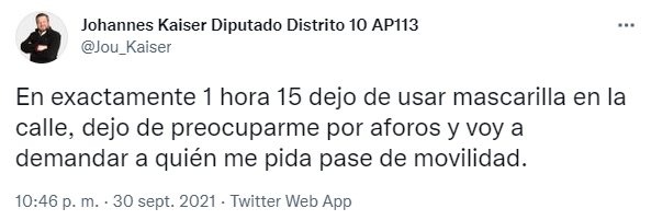 emischneiderv's tweet photo. No da lo mismo por quién votar este 21 de noviembre! Ejemplo: Johannes Kaiser, el candidato de Kast en el D10, ha dicho que no usará más mascarilla en la calle y no se preocupará por aforos. Necesitamos representantes que escuchen a las comunidades científicas y a la ciudadanía! https://t.co/VYsJqSVLsO
