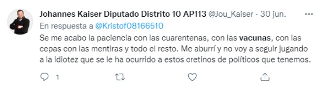 emischneiderv's tweet photo. No da lo mismo por quién votar este 21 de noviembre! Ejemplo: Johannes Kaiser, el candidato de Kast en el D10, ha dicho que no usará más mascarilla en la calle y no se preocupará por aforos. Necesitamos representantes que escuchen a las comunidades científicas y a la ciudadanía! https://t.co/VYsJqSVLsO