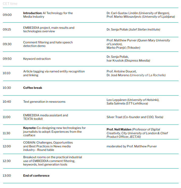 embeddia (@embeddiaproject) on Twitter photo A snippet from our programme on December 8th:
<a href="/mpurver/">Matthew Purver</a> from <a href="/QMCogSci/">QMUL CogSci</a>, <a href="/QMUL/">Queen Mary University of London</a> and Marko Pranjić from <a href="/trikoder/">Trikoder</a> will present a #comment #filtering and #hatespeech detection demo.
Don't forget to #register!
#embeddiaconference
embeddia.eu/conference/ A snippet from our programme on December 8th:
<a href="/mpurver/">Matthew Purver</a> from <a href="/QMCogSci/">QMUL CogSci</a>, <a href="/QMUL/">Queen Mary University of London</a> and Marko Pranjić from <a href="/trikoder/">Trikoder</a> will present a #comment #filtering and #hatespeech detection demo.
Don't forget to #register!
#embeddiaconference
embeddia.eu/conference/