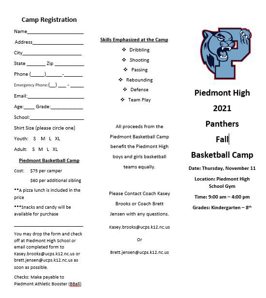 Piedmont High Men’s and Women’s Basketball is hosting a basketball camp  November 11th! Please reach out with any questions. <a href="/FairviewESNC/">Fairview Elementary</a> @NewSalemES_NC <a href="/UnionvilleESNC/">Unionville Elementary School</a> <a href="/PiedmontHSNC/">Piedmont High School</a> <a href="/PiedmontMSNC/">Piedmont Middle School</a> <a href="/DylanStamey_PHS/">Dylan Stamey</a> <a href="/piedmontRecAsso/">Piedmont Recreation Association</a>