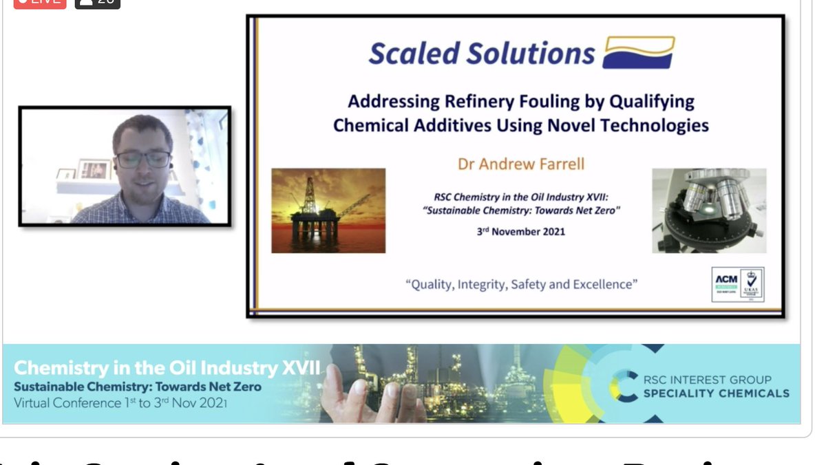 RSC_SCS_CITOI's tweet photo. This afternoon at #CITOI2021 our technical session starts with Andrew Farrell @SSLTesting presenting on Addressing Refinery Fouling by Qualifying Chemical Additives using Novel Technologies #NetZero #PoweredByChemistry https://t.co/0sWTuaqQOO