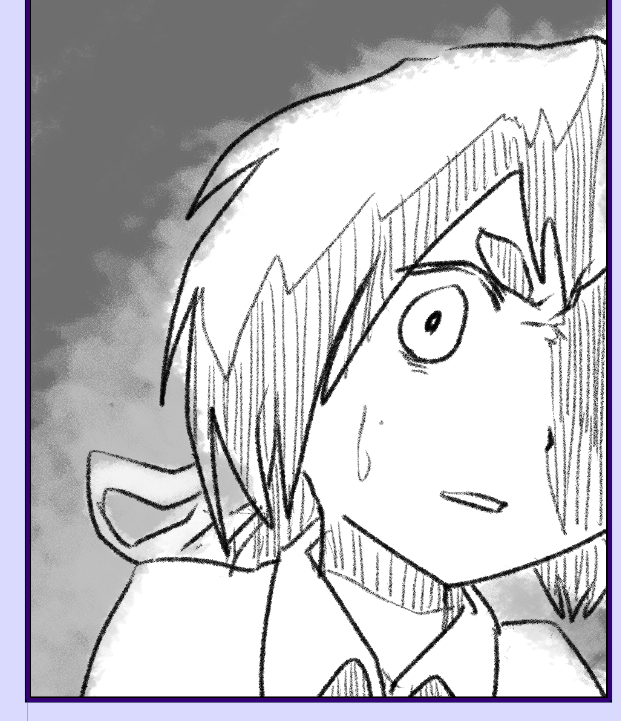 「えっ…!?」って感じの顔。
太眉のキャラって眉が短くて太いぶん、これまで眉毛だよりで描いてきた表情が出しにくくて難しいですね 