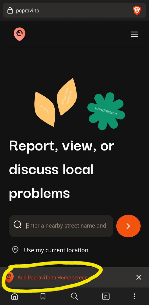 CodeForCroatia's tweet image. Kako se dodaje @PopraviTo progresivna web aplikacija (PWA) na vaš mobitel?

Dvije su opcije:
1. Neki browseri prepoznaju da ima PWA pa ponude opciju
2. Drugi browseri ne ponude ali opcija &quot;Install app&quot; je vidljiva iz izbornika