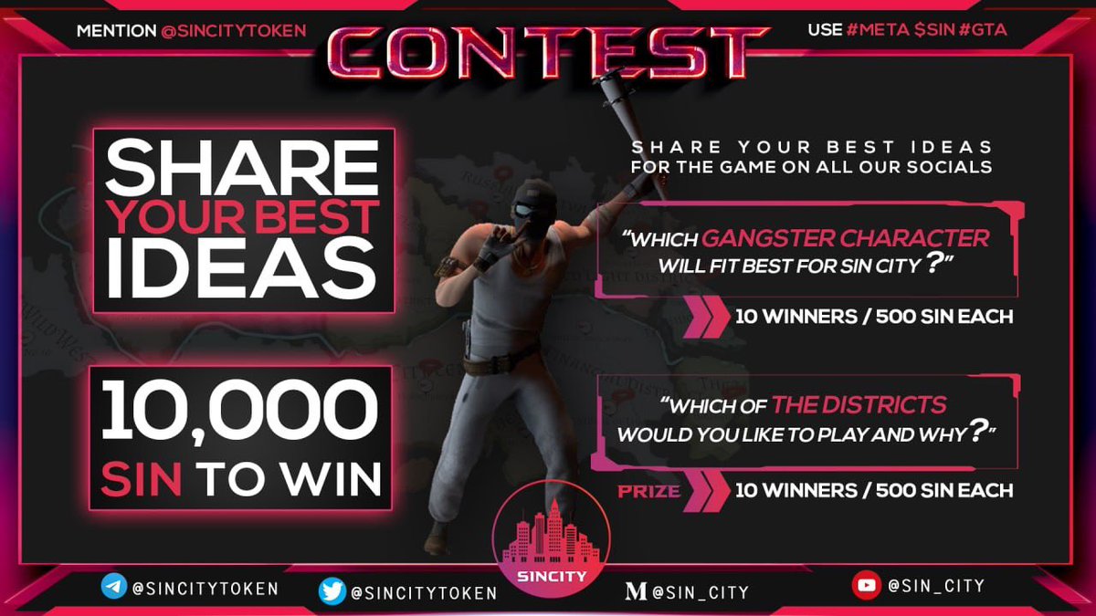 SinCityToken's tweet photo. 🏆 Competition time! Chance to win 10,000 $SIN!

All you need to do is do a tweet on the below:

(1) Which Gangster will fit best for Sin city? 

(2) Which district would you would like to play in, and why!?

All tags must include #Meta $SIN #GTA

*500 $SIN to be won per question https://t.co/zirW1yD4Js