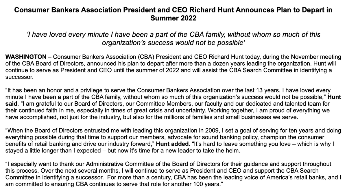 ConsumerBankers's tweet photo. CBA President and CEO @cajunbanker has announced his plan to depart after more than a dozen years leading the organization.

"I am proud of everything we have accomplished, not just for the industry, but also for the millions of families and small businesses we serve." https://t.co/Fd55N2bquI