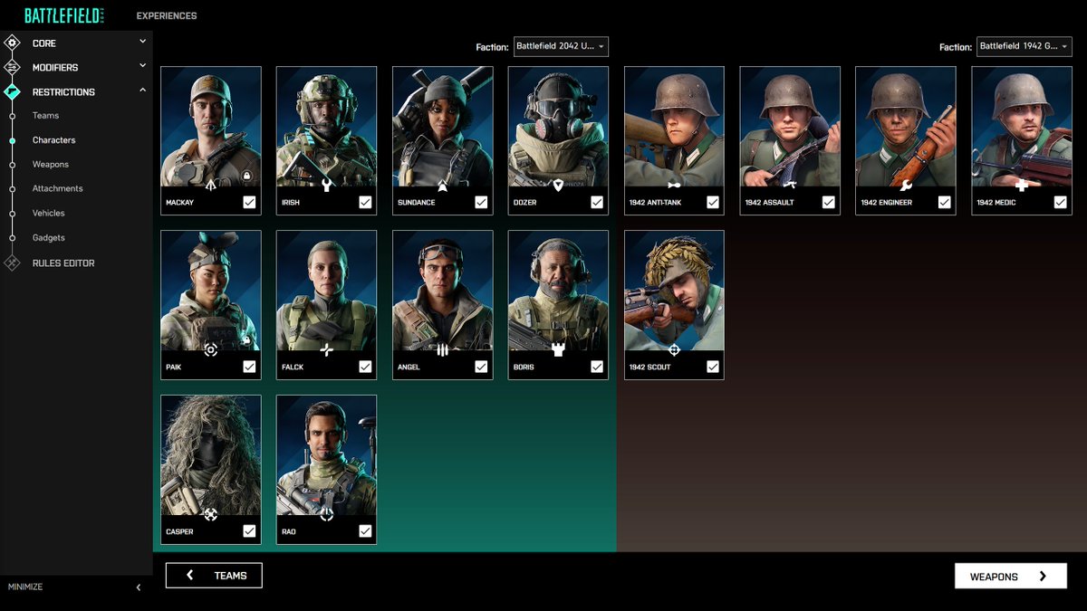 #Battlefield Portal - Characters Screen 📷

✅Players will be able to deselect which classes (or 2042 Specialists) are playable. You’ll also have the options to denote which factions show up in-game.
✅UK, US and German factions: BF1942.
✅USA &amp; Russia available for the rest.