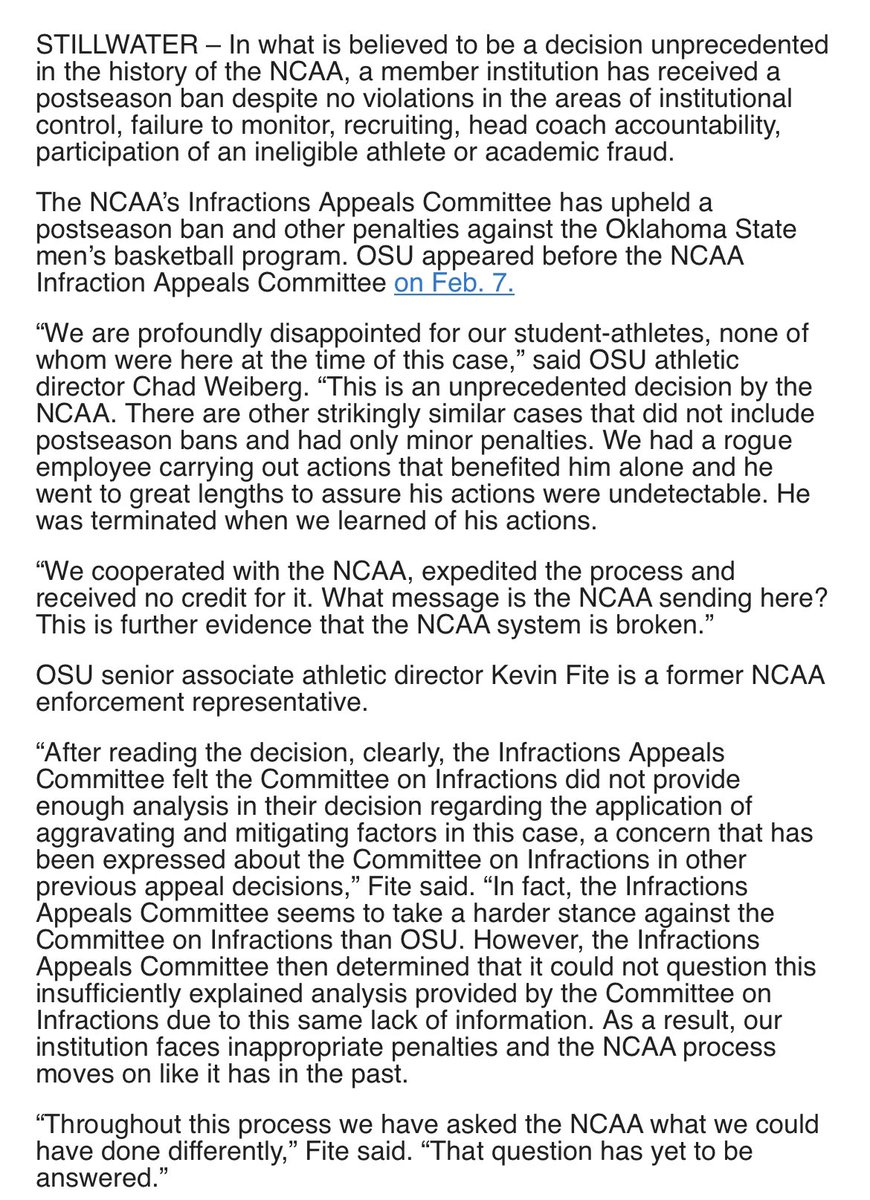 jeffborzello's tweet photo. Oklahoma State didn’t hold back in its statements about the NCAA’s postseason ban: https://t.co/CO3s3luA7O