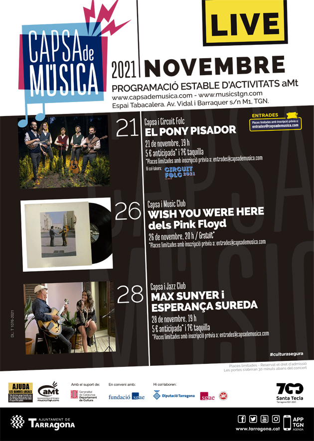 musicstgn's tweet photo. Us presentem el cartell de la #CapsadeMúsica #aMt #novembre de #descobriments #musicals amb el #CircuitFolc2021 i #ELPONYPISADOR + #Formació amb #CAPSAiMÚSICLUB i els #PINKFLOYD + #JAZZ amb #MAXSUNYER i #ESPERANÇASUREDA #TGN #música #músic #live #musicians https://t.co/bqg70p9yt5