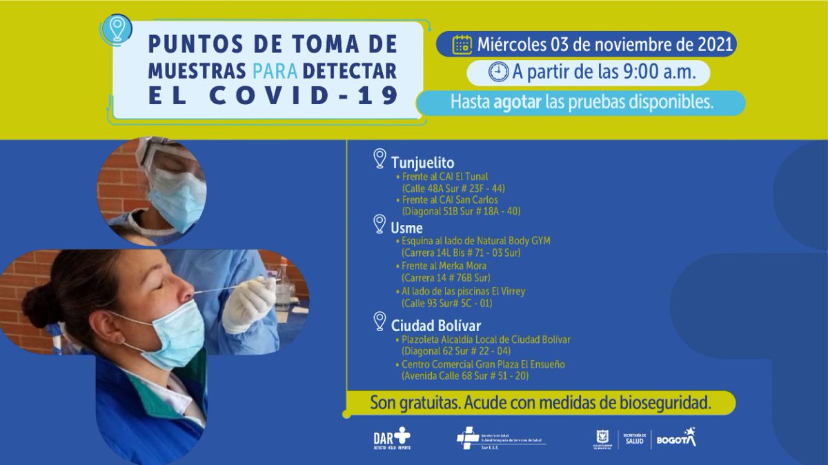 SubRedSur's tweet photo. #FelizMiércoles 😁
Compartimos los puntos de toma de muestras #Covid_19 en el sur de Bogotá para hoy, miércoles 3 de noviembre.
#FelizDía🌤️ https://t.co/fIglVwkxvC
