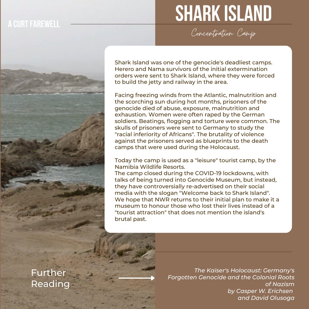CurtFarewell's tweet photo. Shark Island was one of the genocide's deadliest concentration camps and had a death rate of more than 80 percent. @NWRNamibia has reopened Shark Island as a "camping site" for tourists while omitting the truth of the island's brutal past. #decolonizenamibia #acurtfarewell https://t.co/guK7Gq1ZbB