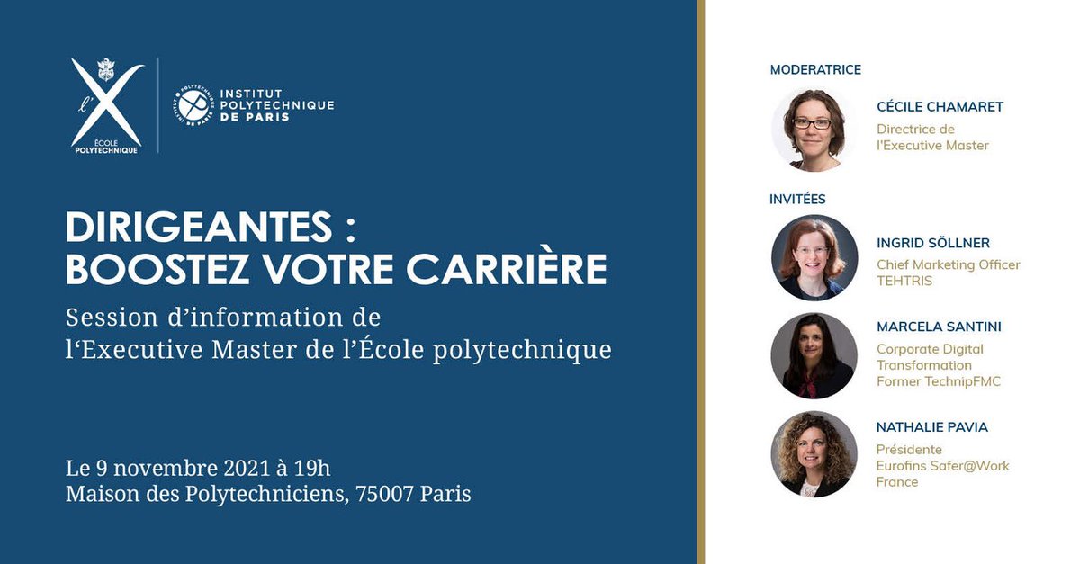 🔔 Vous êtes dirigeante et souhaitez donner un nouvel élan à votre carrière ? Venez à la rencontre de participantes et diplômées de l’Executive Master lors d’une session d’information dédiée aux femmes ! 👩🏻‍🎓 
👉🏽 Inscriptions : bit.ly/2ZL6cVa