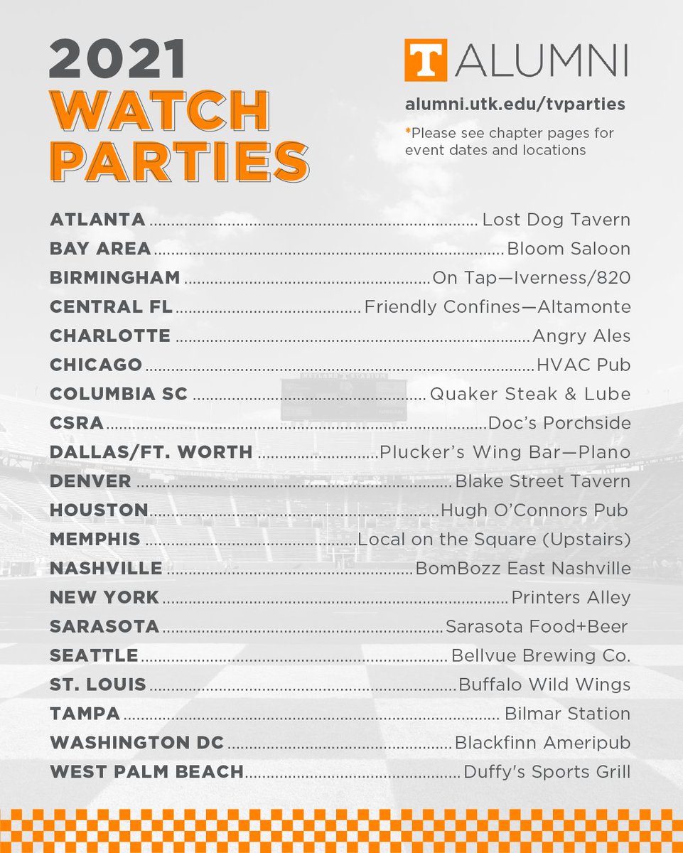 tennalum's tweet photo. BYE, bye week! 👋  @Vol_Football is back this Saturday. Watch the games this season with fellow Vols at watch parties throughout the country. 
#GoVols #utkalumni https://t.co/wBm8bskyMs