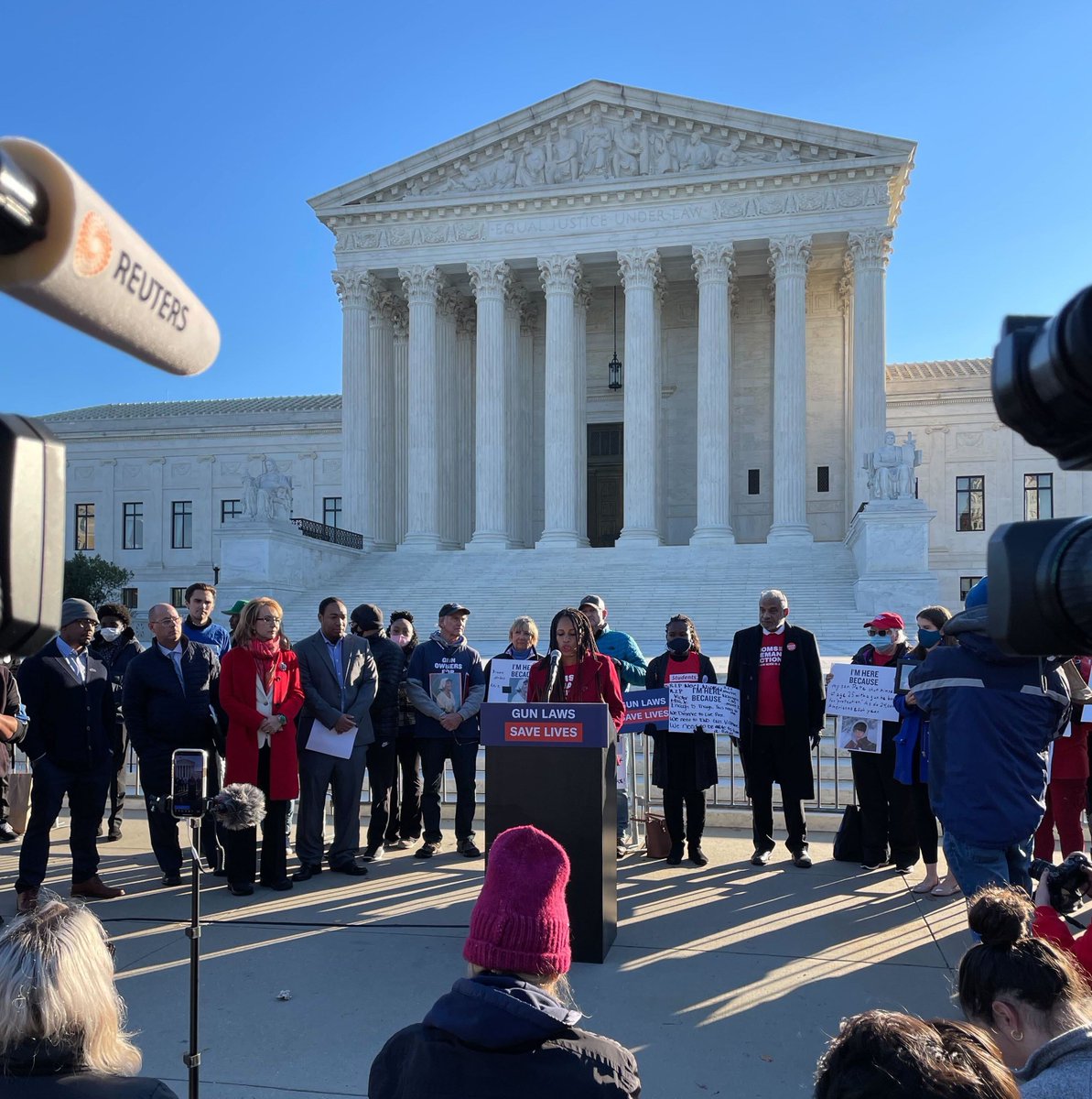 Survivors of gun violence are on the steps of the Supreme Court this morning to share their stories and say loudly and clearly that #GunLawsSaveLives.